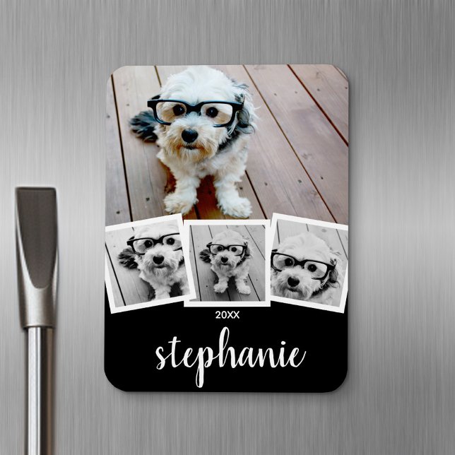 Trendy 4 Foto Collage Script Name White Black Magnet (Personalized fridge magnet - add photos and custom text)