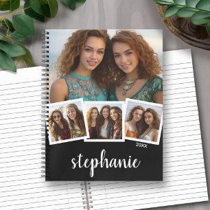 Trendy 4 Foto Collage Script Name White Black Notizbuch