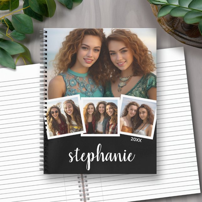Trendy 4 Foto Collage Script Name White Black Notizbuch (Personalized Notebook with Custom Text and Photos)