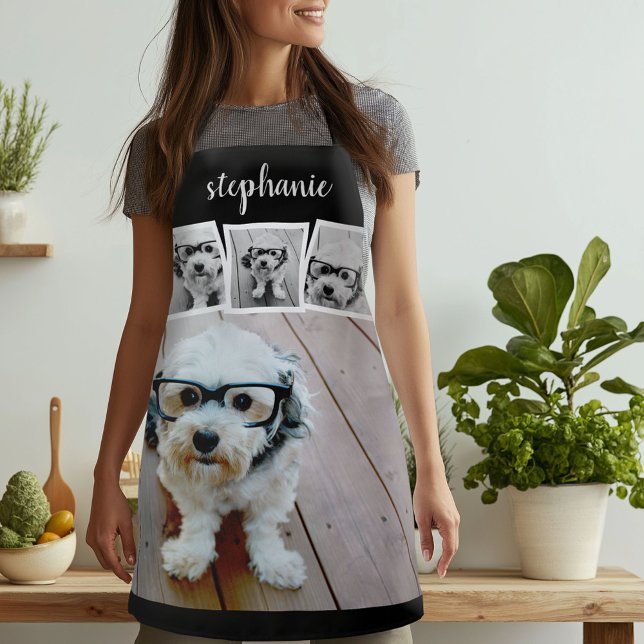 Trendy 4 Foto Collage Script Name White Black Schürze (Custom Photo Apron)