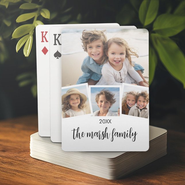 Trendy 4 Foto Collage Script Name White Black Spielkarten (Custom Poker Playing Cards)