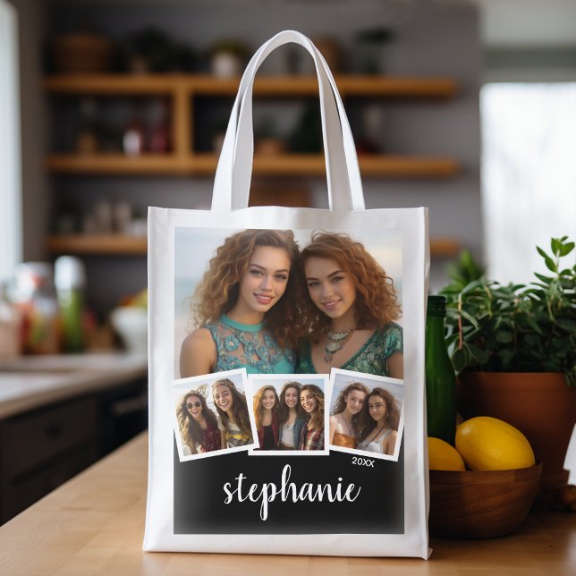 Trendy 4 Foto Collage Script Name White Black Wiederverwendbare Einkaufstasche (Personalized grocery tote with photo collage and custom text)