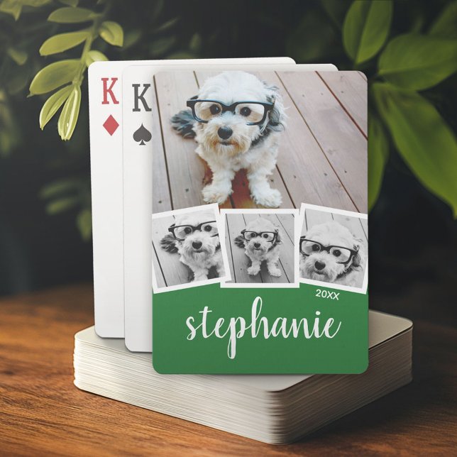 Trendy 4 Foto Collage Script Name White Green Spielkarten (Custom Poker Playing Cards)