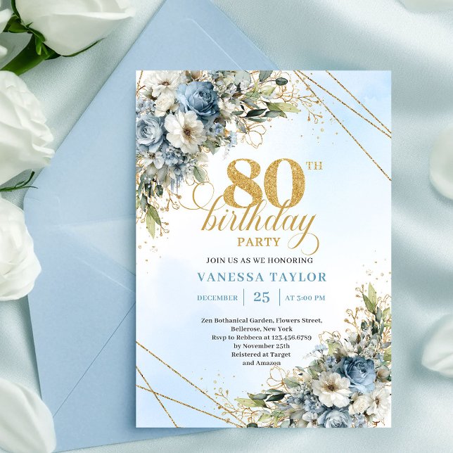 Trendy 80th Birthday Invitation Blue White Florals Einladung (Trendy 80th Birthday Invitation Blue White Florals Boho)