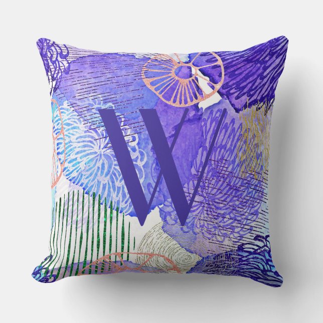 Trendy Abstrakt Blue Lila Monogram Kissen (Vorderseite)