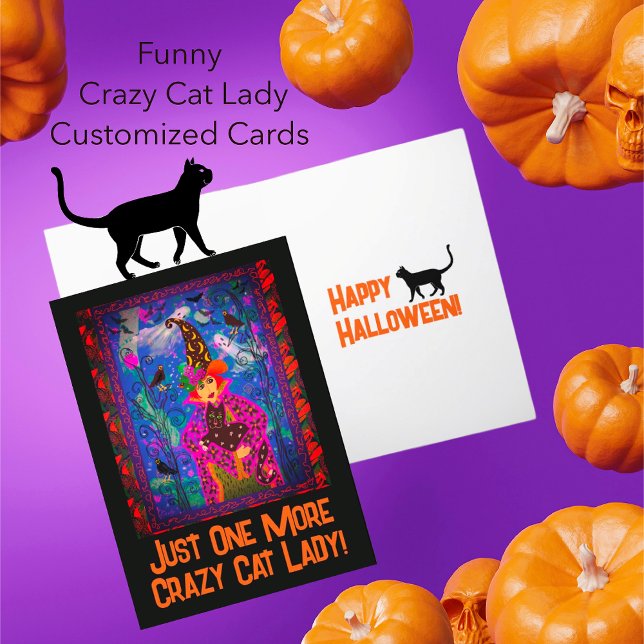 Trendy angepasste Crazy Cat Lady Hexe Halloween Postkarte (Halloween fun with Crazy Cat Ladiies!)