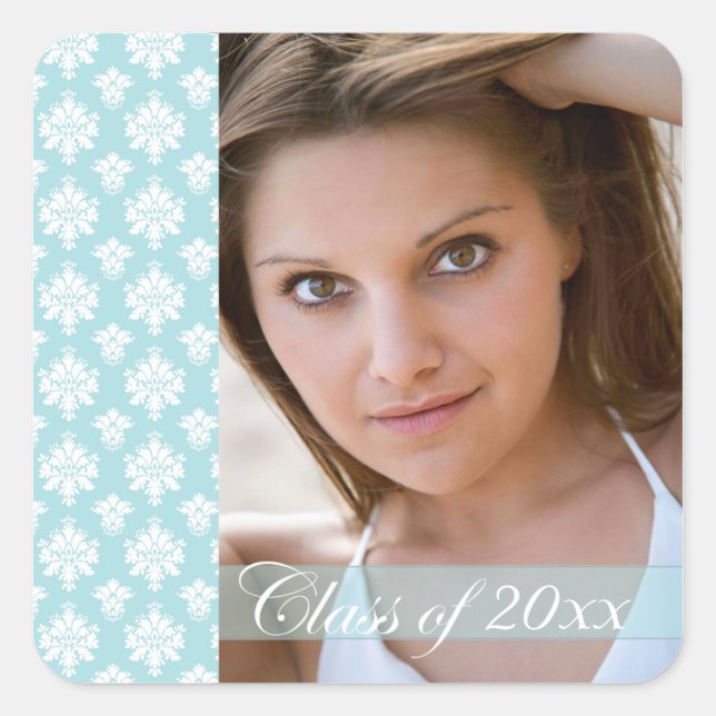 Trendy Aqua Blue Damask Foto Abschluss Aufkleber (Vorderseite)