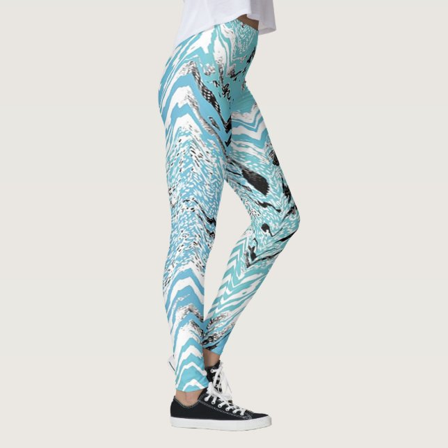 Trendy Aqua Blue Schwarz-weiß Zickzack ZigZag Leggings (Rechts)