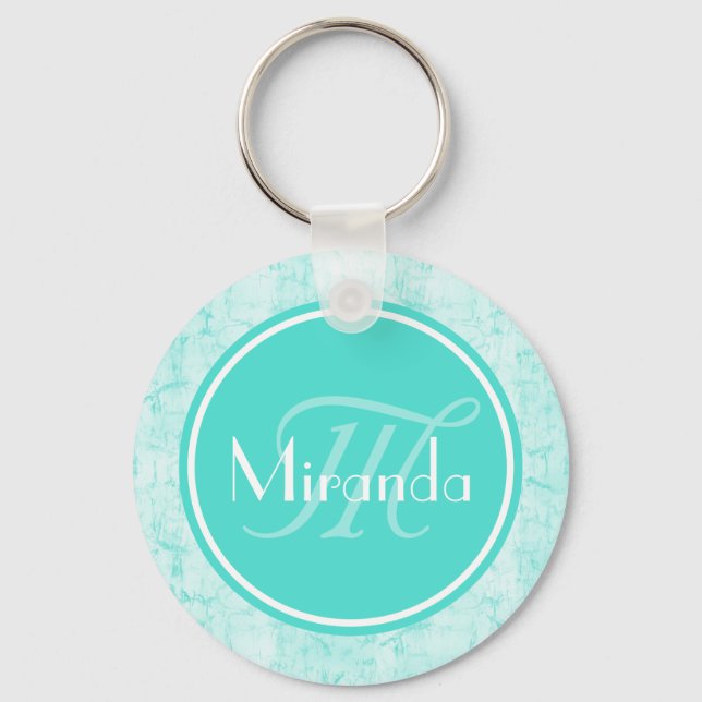 Trendy Aqua Mint Crackle Muster mit Monogramm Schlüsselanhänger (Vorderseite)