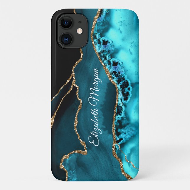 Trendy Aquamarin, Black and Gold Agate & DIY Name Case-Mate iPhone Hülle (Rückseite)