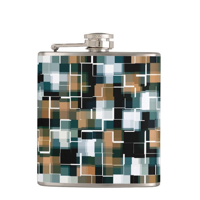Trendy Aquamarin Brown Schwarz-weiß Kariert Flachmann (Vorderseite)