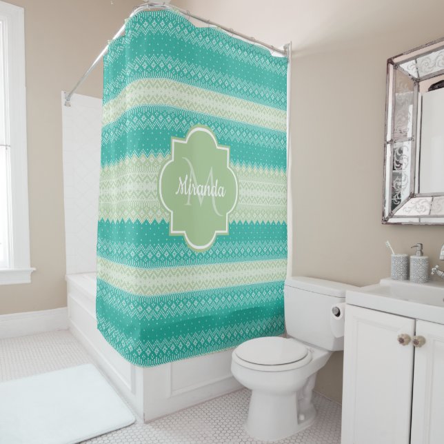 Trendy Aquamarin Neo Mint Green Strick Muster und  Duschvorhang (Beispiel)