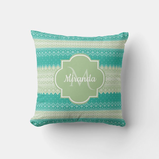 Trendy Aquamarin Neo Mint Green Strick Muster und  Kissen (Vorderseite)