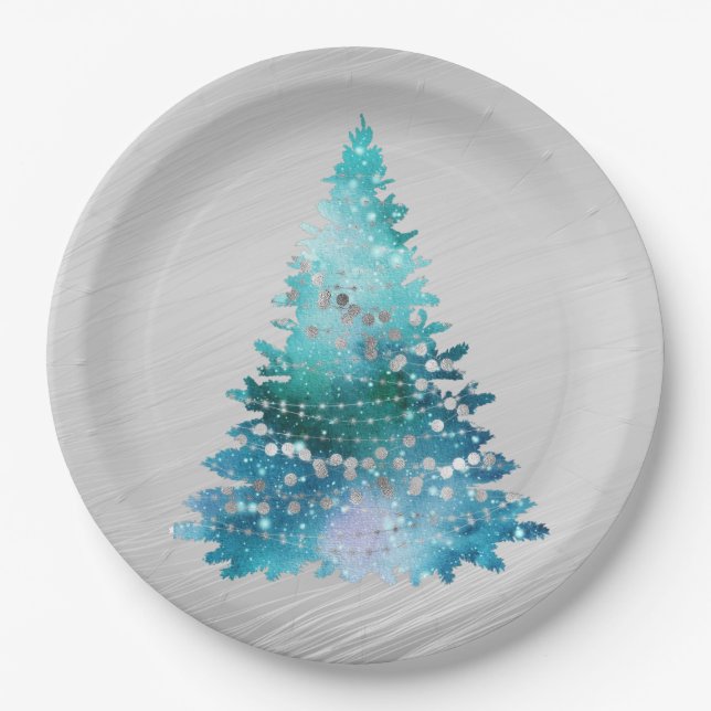 Trendy Aquamarin Silver Glitzer Tree Weihnachten Pappteller (Vorderseite)