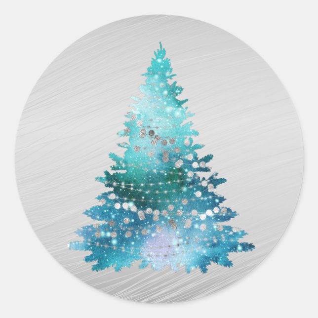 Trendy Aquamarin Silver Glitzer Tree Weihnachten Runder Aufkleber (Vorderseite)