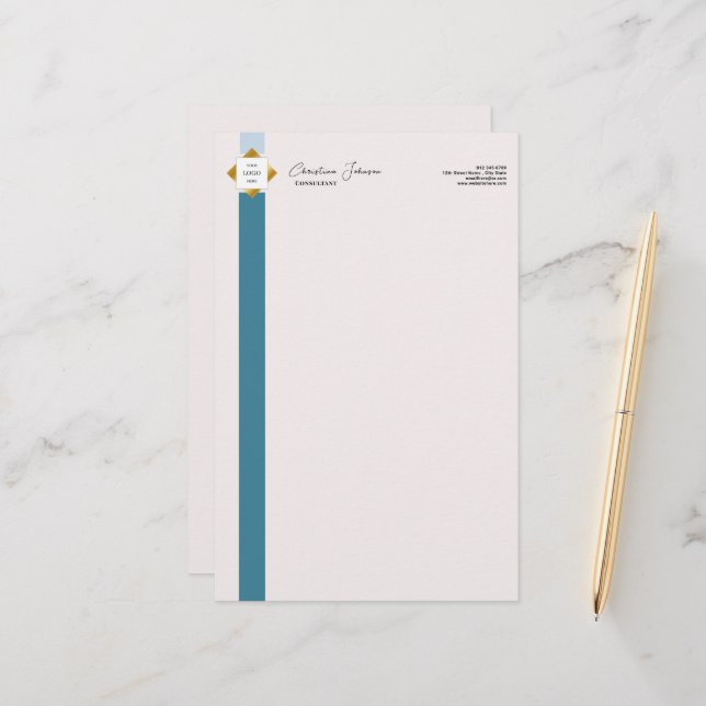Trendy Aquamarin Stripes Gold Logo Briefpapier (Vorderseite/Rückseite Beispiel)