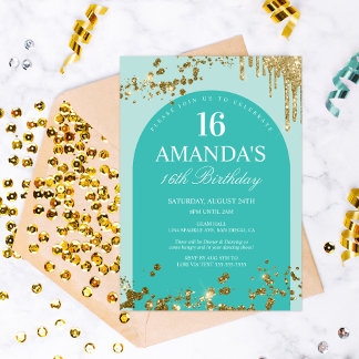 Trendy Aquamarin und Gold Glitzer Tropfen Geburtst Einladung