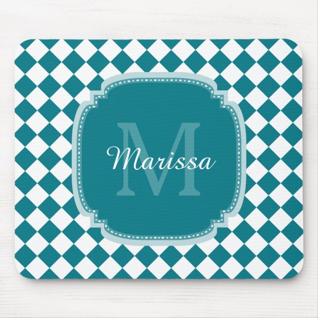 Trendy Aquamarin und White Checked Mit Monogramm N Mousepad (Vorne)