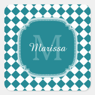 Trendy Aquamarin und White Checked Mit Monogramm N Quadratischer Aufkleber