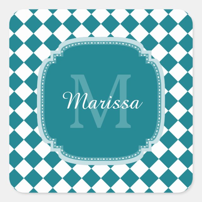 Trendy Aquamarin und White Checked Mit Monogramm N Quadratischer Aufkleber (Vorderseite)