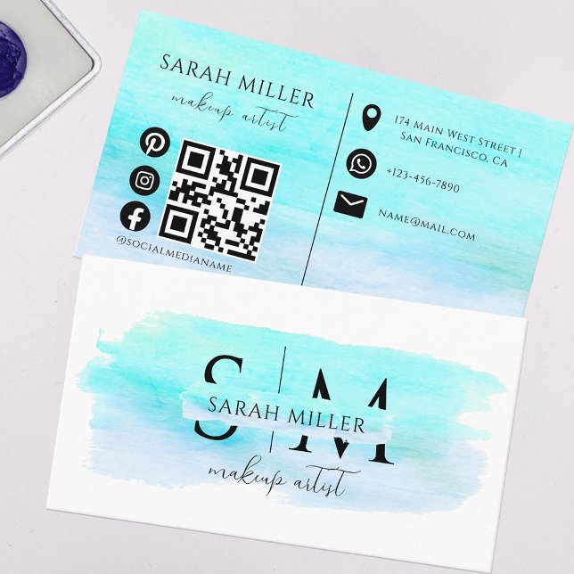 Trendy Aquamarin Watercolor Pinselstrich Makeup Ar Visitenkarte (Von Creator hochgeladen)