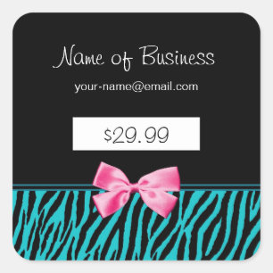 Trendy Aquamarine Zebra Streifen Pink Ribbon Preis Quadratischer Aufkleber