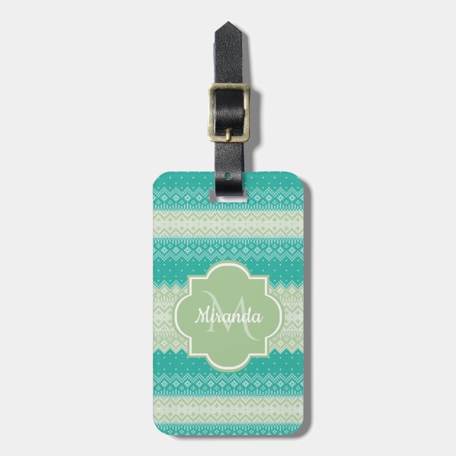 Trendy Aquamarines Neo Mint Green Strick Muster un Gepäckanhänger (Vorderseite vertikal)