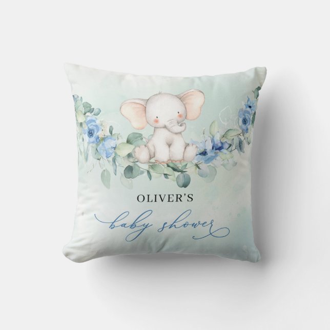Trendy Aquarell Elefant Blue Bloral Eukalyptus Kissen (Vorderseite)