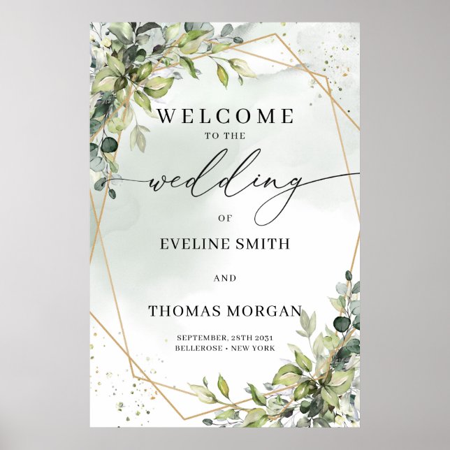 Trendy Aquarell Eukalyptus Gold Hochzeitsempfang Poster (Vorne)