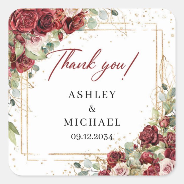 Trendy Aquarell Rot und Rot Hochzeitsticker Quadratischer Aufkleber (Vorderseite)