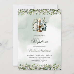 Trendy Aquarellgoldkerze Weiße Lilien Taufe Einladung