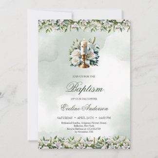 Trendy Aquarellgoldkerze Weiße Lilien Taufe Einladung
