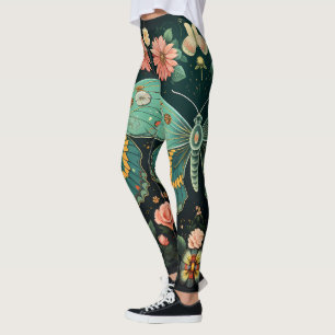 Trendy Art Déco Aquamarin Pink Floral Butterfly Yo Leggings