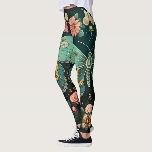 Trendy Art Déco Aquamarin Pink Floral Butterfly Yo Leggings (Links)