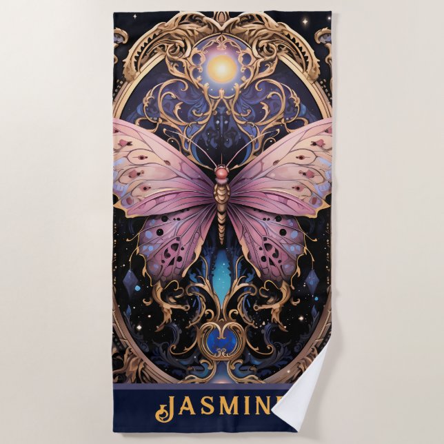 Trendy Art Déco Lila Pink Gold Schmetterling Strandtuch (Vorderseite)