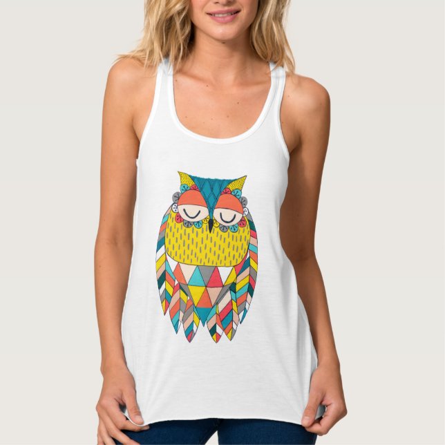 Trendy Aztec Triangle Pattern Owl Illustration Tank Top (Vorderseite)