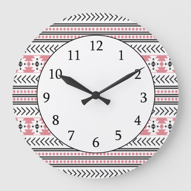 Trendy Aztec Tribal Print Geometric Muster Pink Große Wanduhr (Vorderseite)