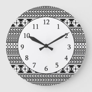 Trendy Aztec Tribal Print Geometric Pattern (Schwa Große Wanduhr