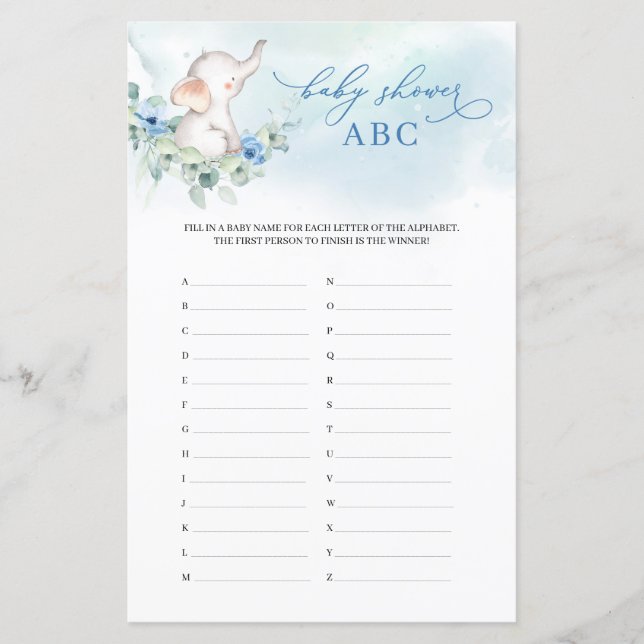 Trendy Baby Elefant Blue Bloral Baby Shower ABC (Vorderseite)