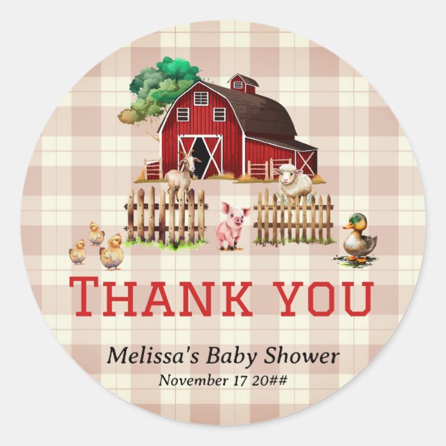 Trendy Barnyard Farm Animals Baby Dusche Vielen Da Runder Aufkleber (Vorderseite)
