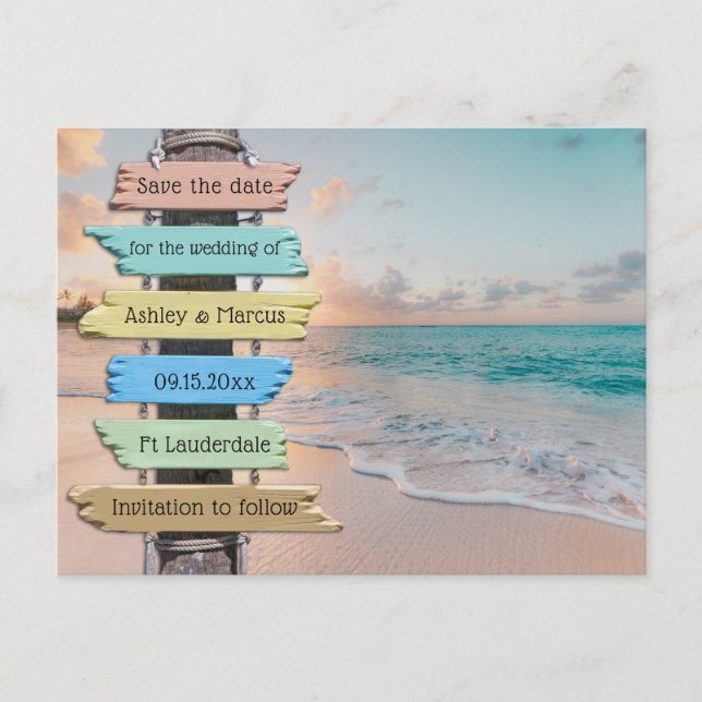 Trendy Beach Sign Wedding Save the Date Ankündigungspostkarte (Vorderseite)