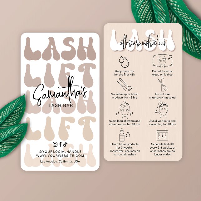 Trendy Beige Lash Lift Tint Aftercare Retro Salon Visitenkarte (Lash Lift & Tint care instructions cards in beige & white with retro fonts and care icons)