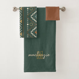 Trendy Beige Monogram mit Terracotta Boho Brown Badhandtuch Set