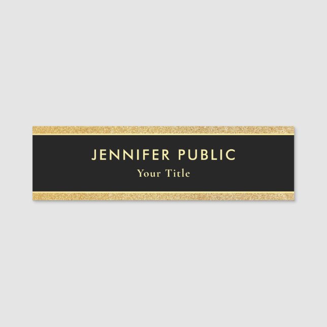 Trendy Beruflicher eleganter Schwarz-Gold-Glitzer Namensschild (Vorderseite)