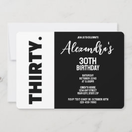 Trendy Black and White Bold 30. Geburtstag Party Einladung