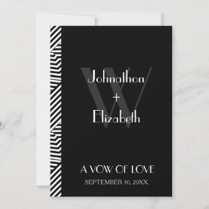 Trendy Black and White Monogram Stripes Wedding Einladung