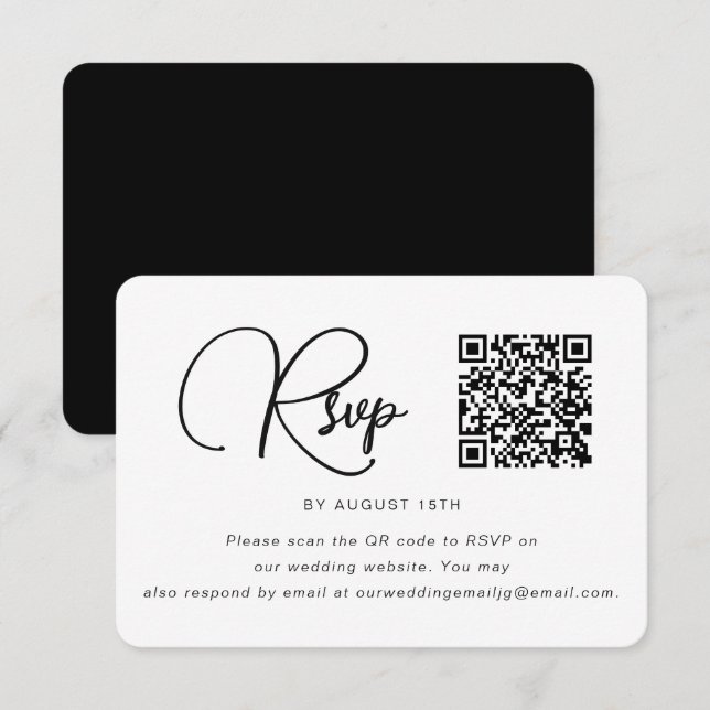 Trendy Black and White Wedding RSVP mit QR Code Karte (Vorne/Hinten)