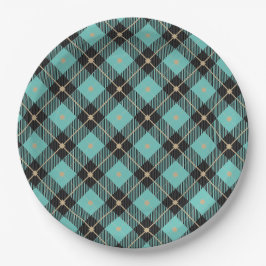 Trendy Black Aqua Kariertes Muster Pappteller
