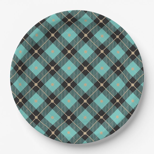 Trendy Black Aqua Kariertes Muster Pappteller (Vorderseite)