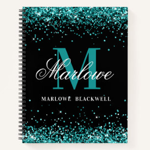 Trendy Black Aquamarin Monogram Glitzer Notizbuch